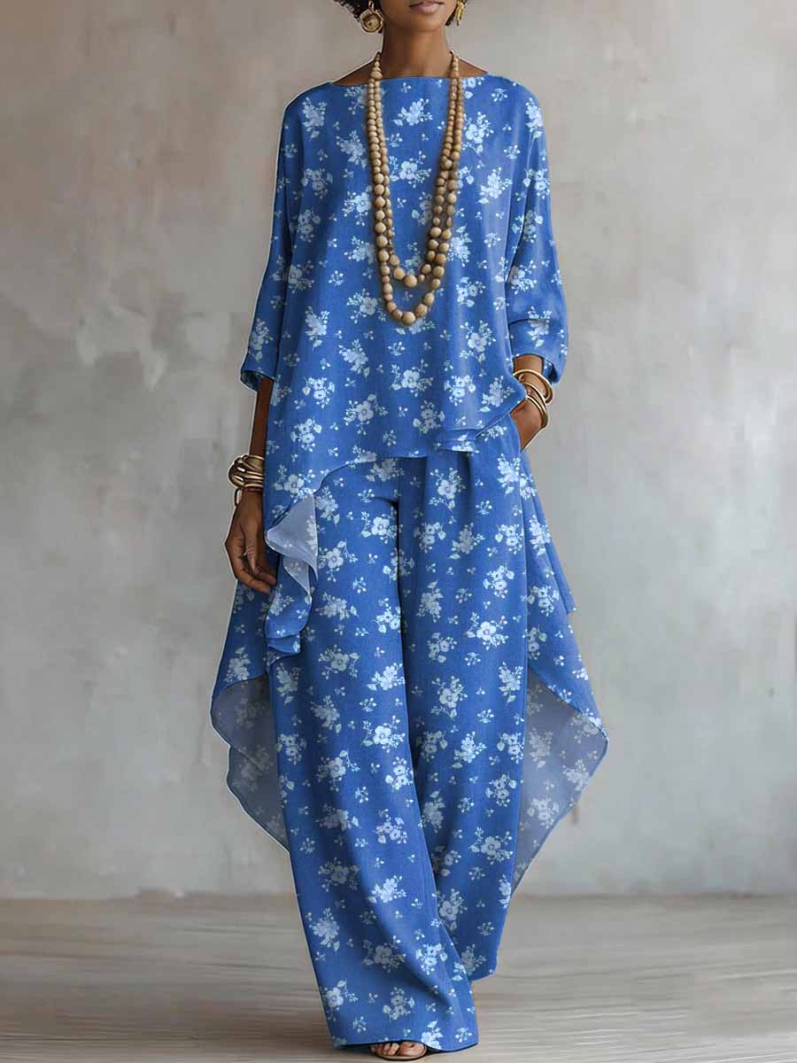 Elegant Retro Flower Print Two-piece Set