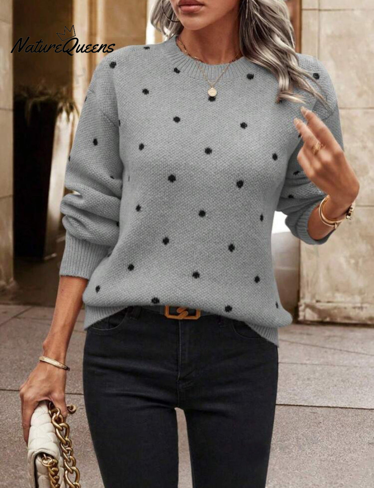 Women's Polka Dot Casual Round Neck Knit Long-sleeved Sweater
