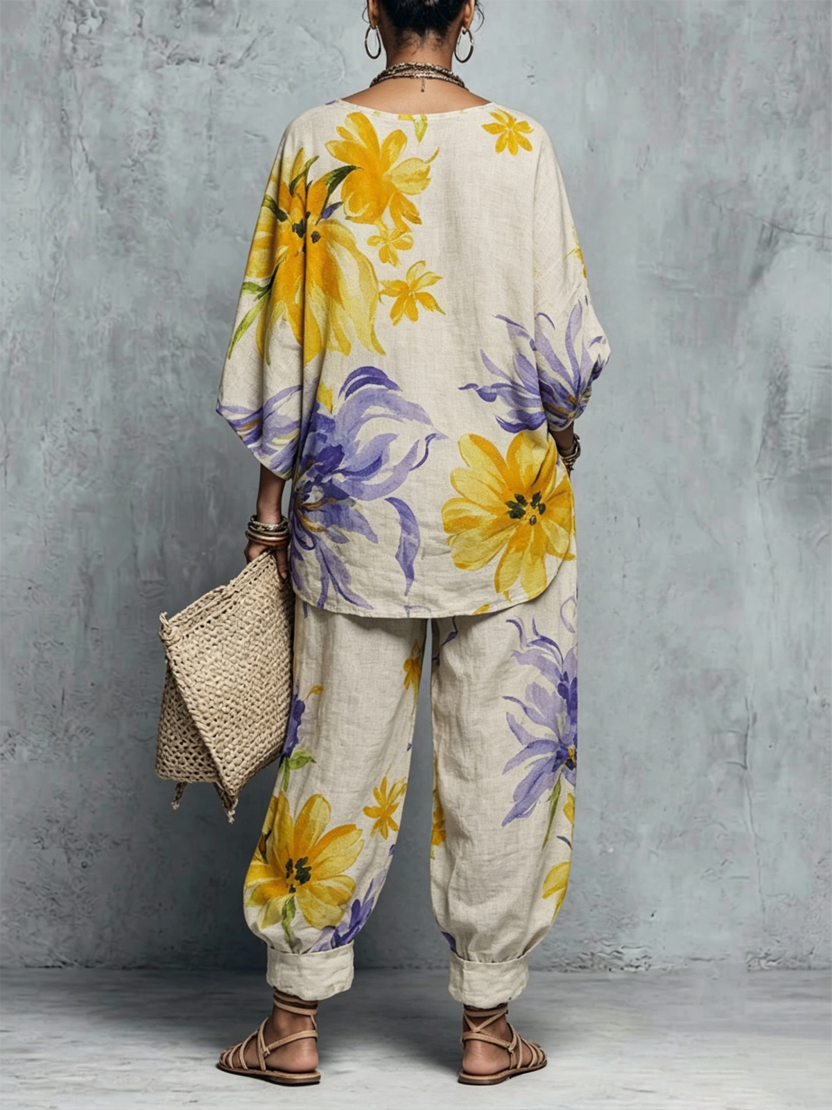 Watercolor Yellow Purple Floral Deep V Batwing Sleeve Top & Cuffed Harem Pant Linen Set