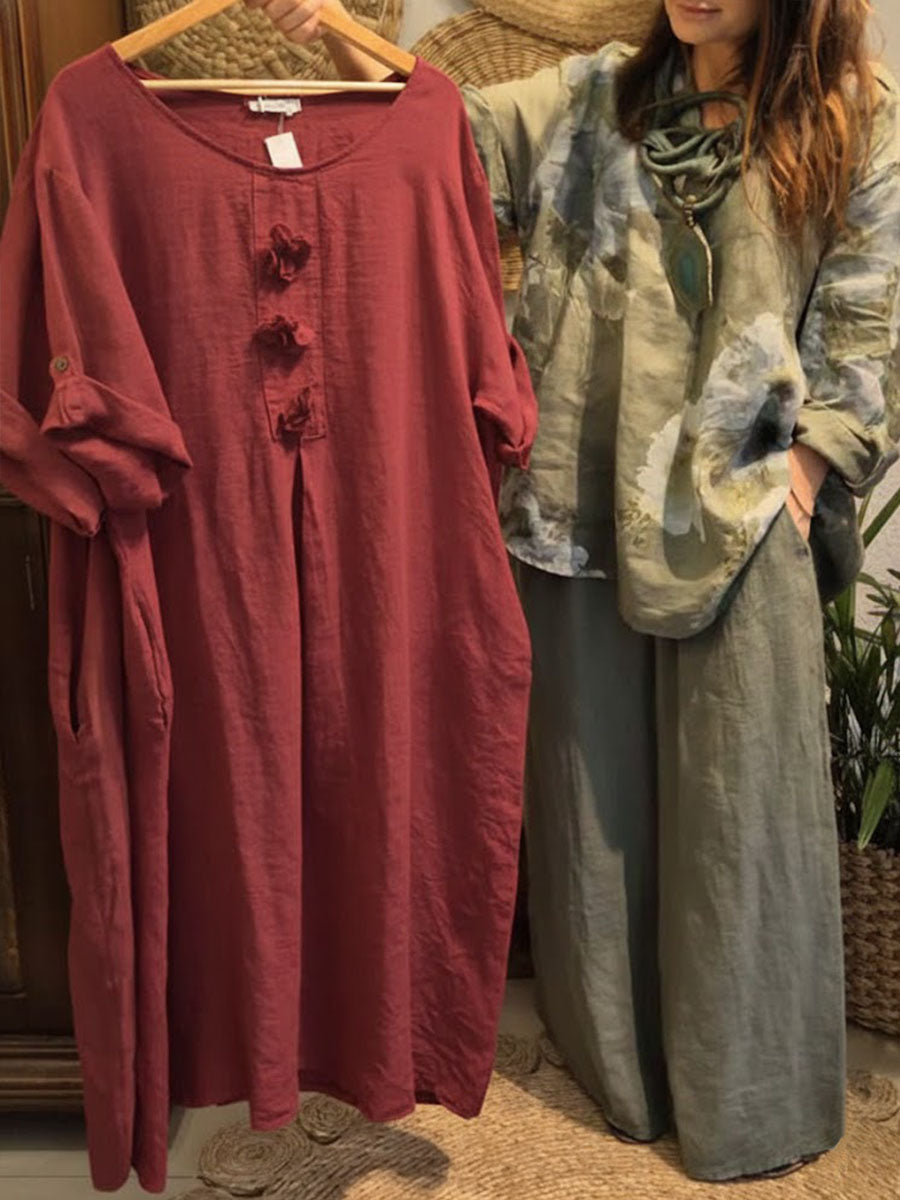 Women's Solid Color Round Neck 3/4 Sleeve Casual Loose Cotton And Linen Dress