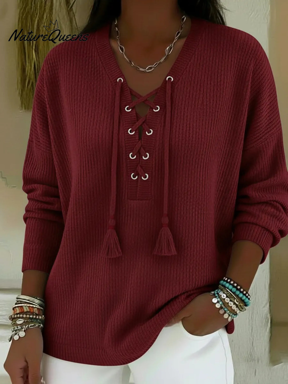 Boho Style Casual V-neck Drawstring Tassel Pullover