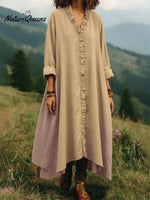 Vintage Casual Lace-trimmed V-neck Linen Dress