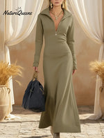 Casual Cozy Stand-up Collar Zip-up Stretch Maxi Dress