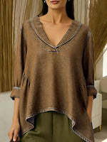 Women's V-neck 3/4 Sleeve Casual Loose Denim Top