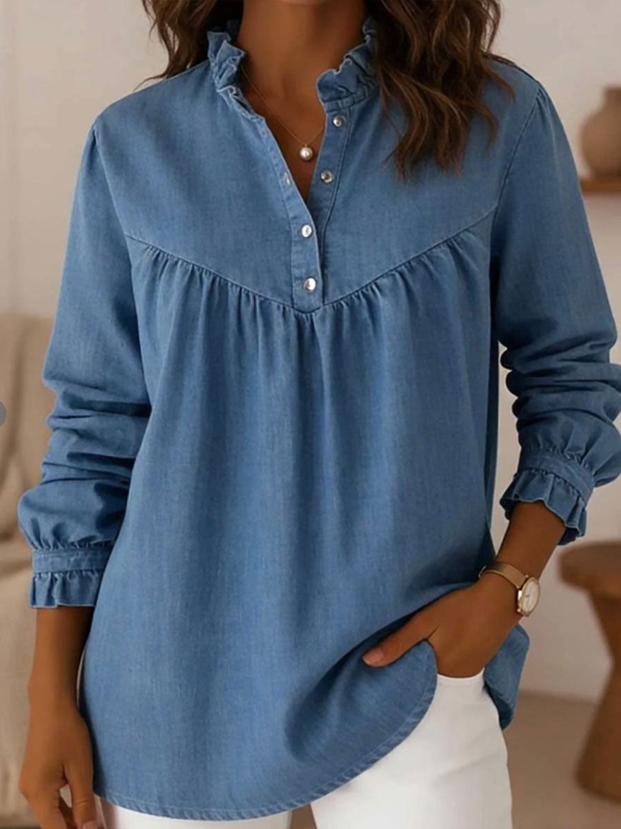Women's V-neck Ruffled Long-sleeve Denim Shirt