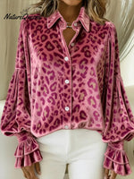 Women's Velvet Leopard Print Balloon Sleeve Shirt