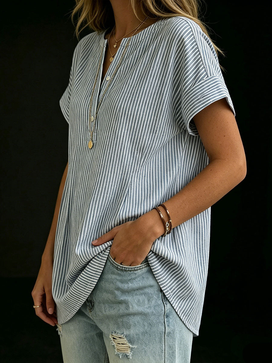 Women's Loose-fit Striped Short-sleeve Henley Shirt
