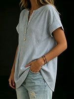 Women's Loose-fit Striped Short-sleeve Henley Shirt