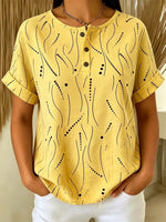 Women's Abstract Art Print Casual Short Sleeve Cotton Linen Shirt