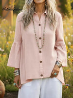 Cozy Button-down Flared Sleeve Linen Shirt Top