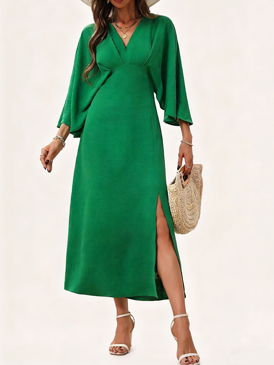 Women's V-neck Slit Loose-fitting Long-sleeved Dress