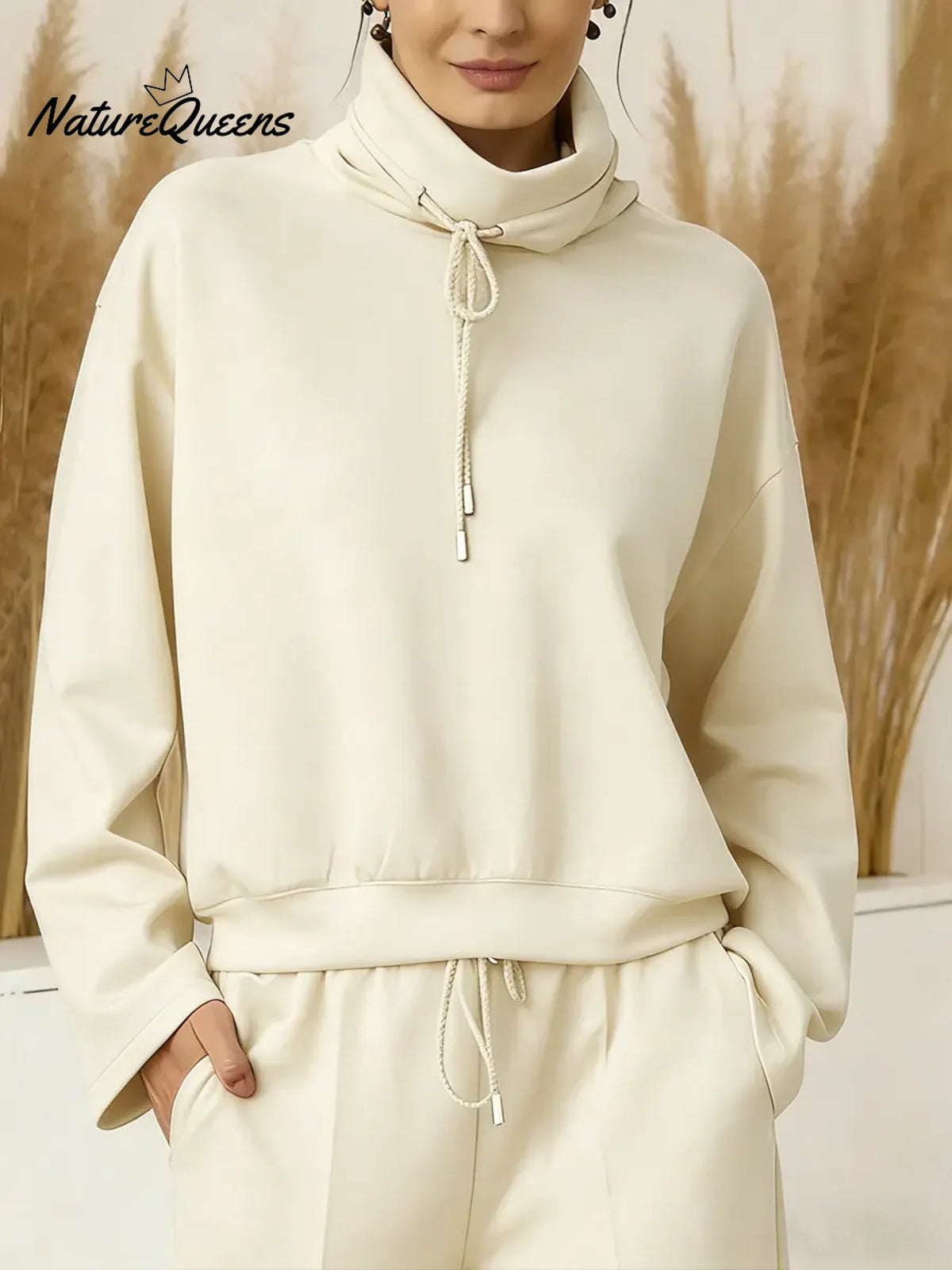 Women's Solid Color High-neck Drawstring Long-sleeve Casual Loose-fitting Sweatshirt