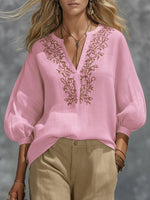 Loose-fitting V-neck Linen And Cotton Shirt