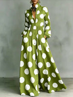 Women's Polka Dot Print Shirt-collar Long-sleeve Casual Loose A-line Dress