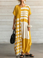 Women's Casual Loose Cotton-linen Dress With Polka Dot & Geometric Print Round Neck And Short Sleeves