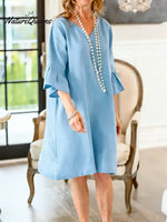 Women's Solid Color V-neck Three-quarter Sleeve Casual Loose Cotton And Linen Dress