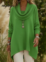 Elegant Draped Collar Irregular Hem Sweater Pullover