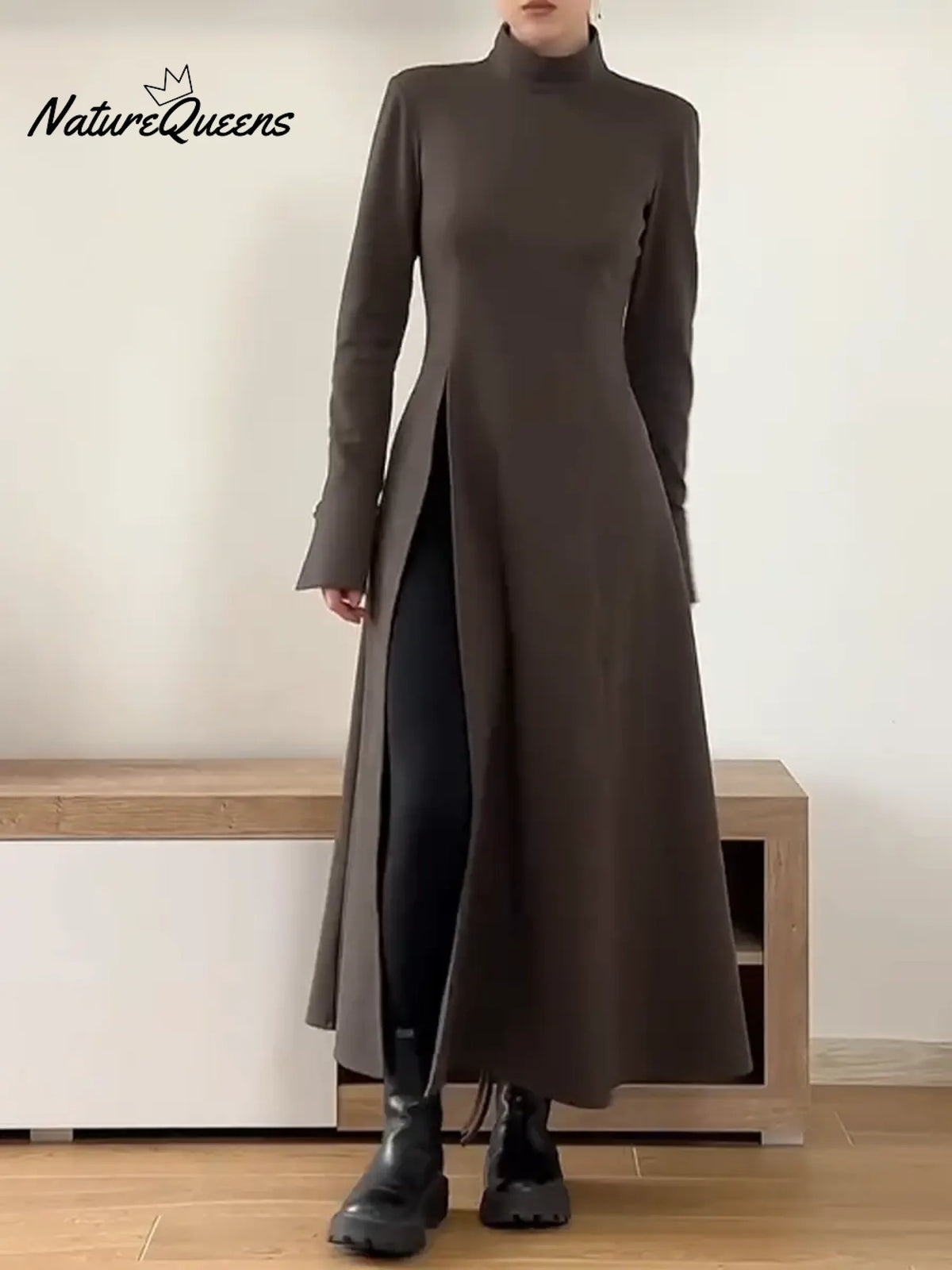 Women's Belted Long-sleeved Wool Blend Dress