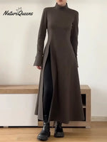 Women's Belted Long-sleeved Wool Blend Dress