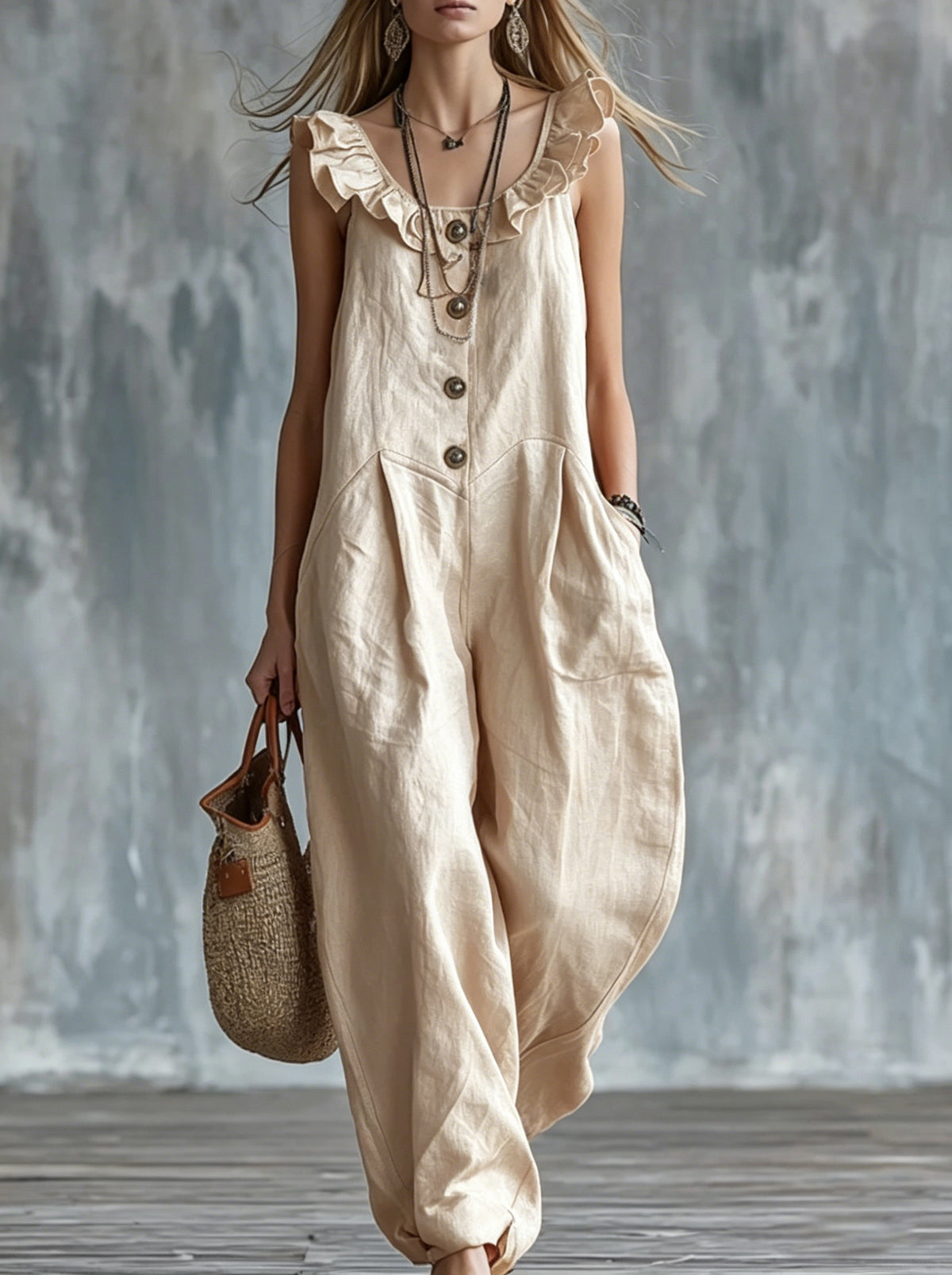 Boho Sleeveless Button Front Pocketed Linen Overalls
