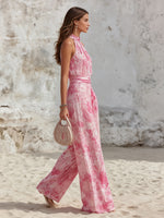 Vacation-style Sleeveless Strappy Top And Printed Chiffon Pants Set