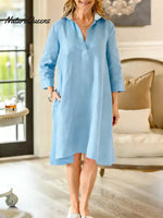 Women's Solid Color V-neck Three-quarter Sleeve Casual Loose Cotton And Linen Dress