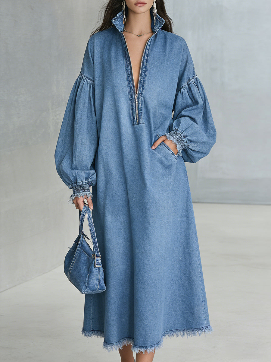 Women's Casual Loose-fitting Denim Dress With Zipper