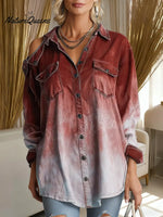 Women's Gradient Collared Long-Sleeved Casual Loose Cotton Shirt