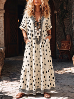 Breathable Polka-dot Cotton-linen Boho Dress With Pockets