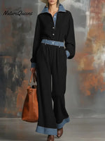 Women's Solid Color Denim Patchwork Shirt Collar Long Sleeve Casual Loose Knit Jumpsuit