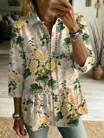 Forest-style Retro Pastoral Floral Print Top — Loose-fit, Slimming, Cutout-paneled Shirt With Turn-down Collar