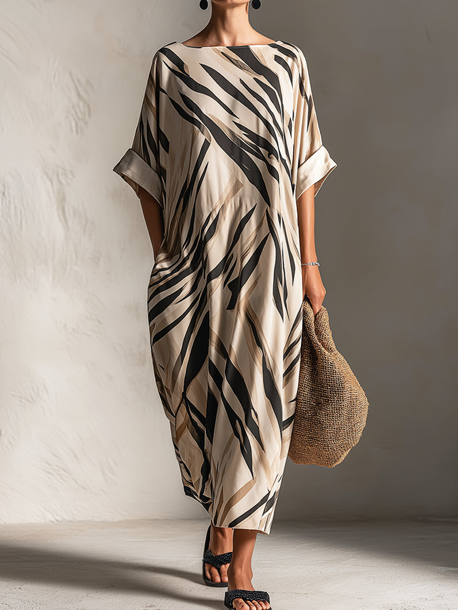 Abstract Stripe Boat Neck Loungewear Dress