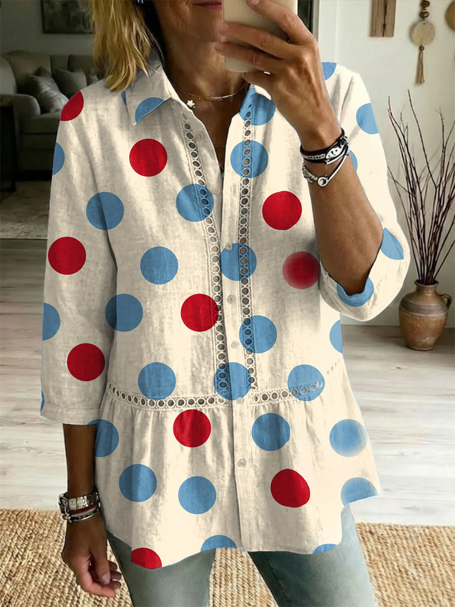 Women's Retro Colorful Polka Dots Art Print Casual Lapel Cotton Shirt