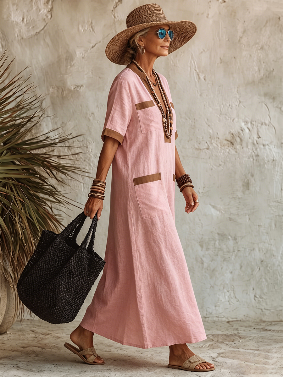 Elegant Deep V-neck Contrast Trim Linen-cotton Dress