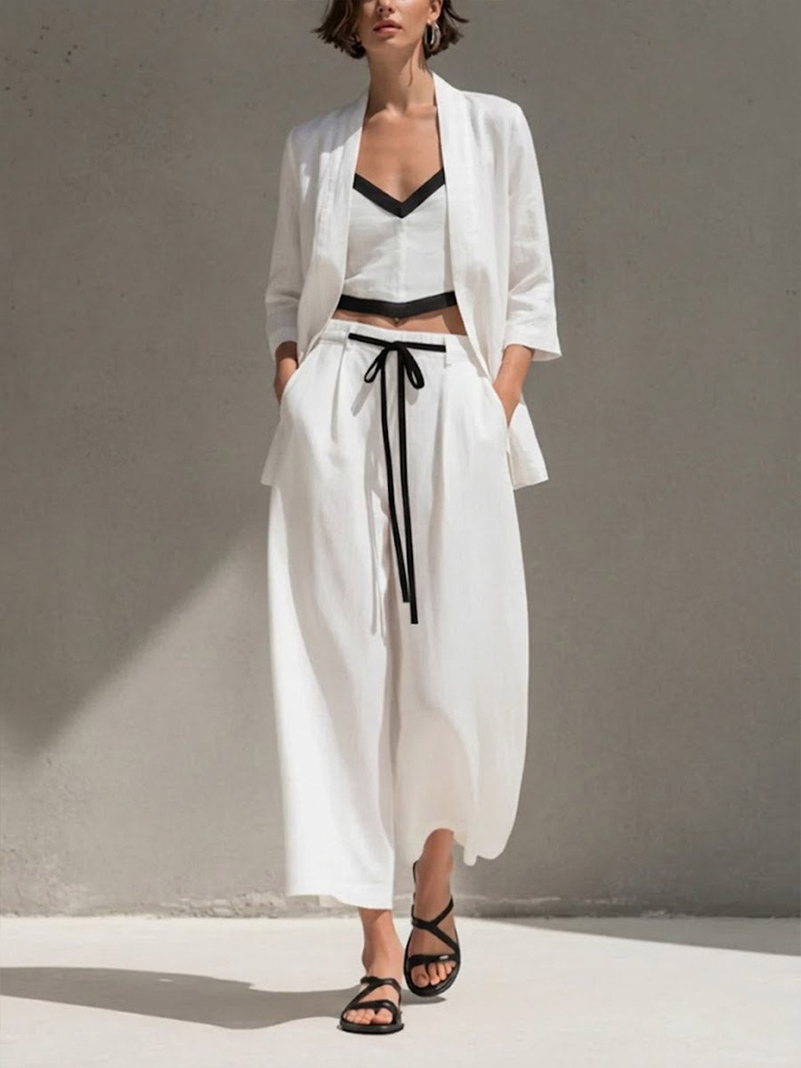 Women's Solid Color Casual Loose Cotton Linen Jacket V-neck Camisole Elastic Waist Drawstring Wide-leg Pants Cotton Linen Three-piece Set