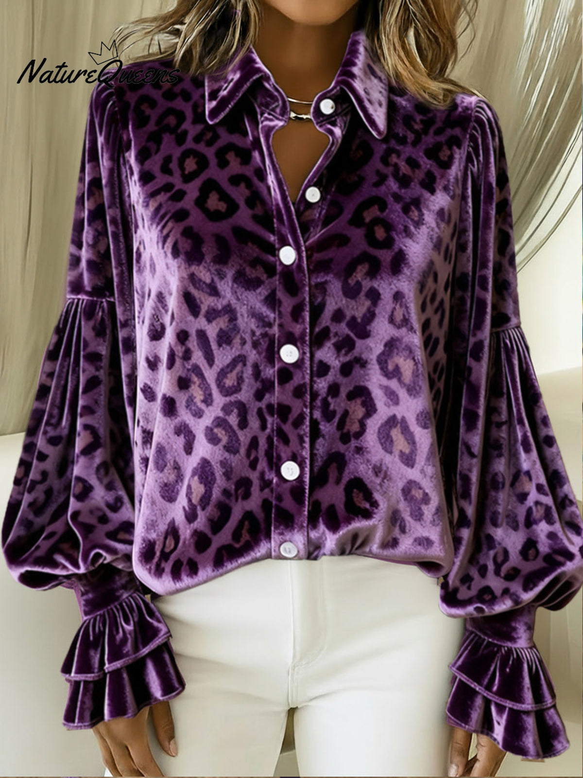 Women's Velvet Leopard Print Balloon Sleeve Shirt