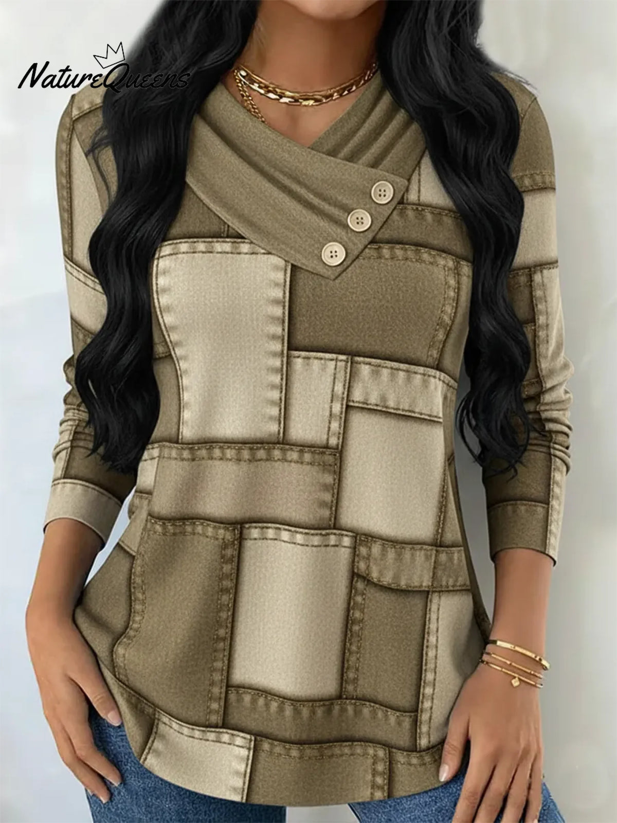 Artistic Patchwork Print Button-up Pullover Top