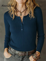 Women's Stretchy Knitted Cotton Henley Top