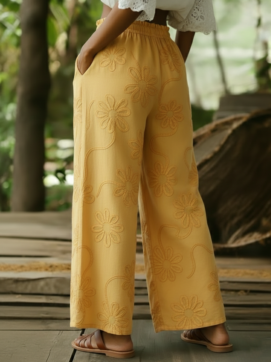 Cozy Romantic Floral Embroidery Cotton Wide-leg Pants