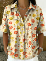 Women's Vintage Botanical Floral Casual Polo Collar Short-sleeved Linen And Cotton Shirt