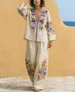 Boho Vintage Bouquet Print Loose Cotton Linen Two-piece Set