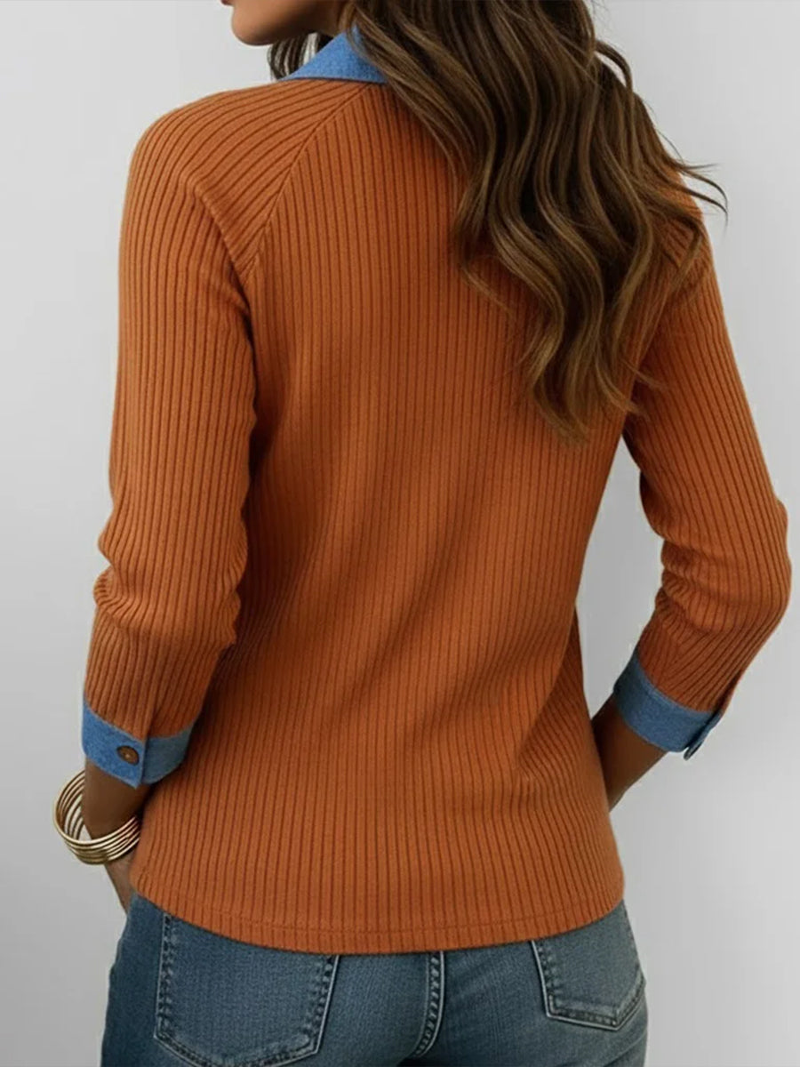 Casual Patchwork Denim Knit Top