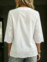Women's White Eyelet Embroidery Notched V Neck Scalloped Hem Boho Top
