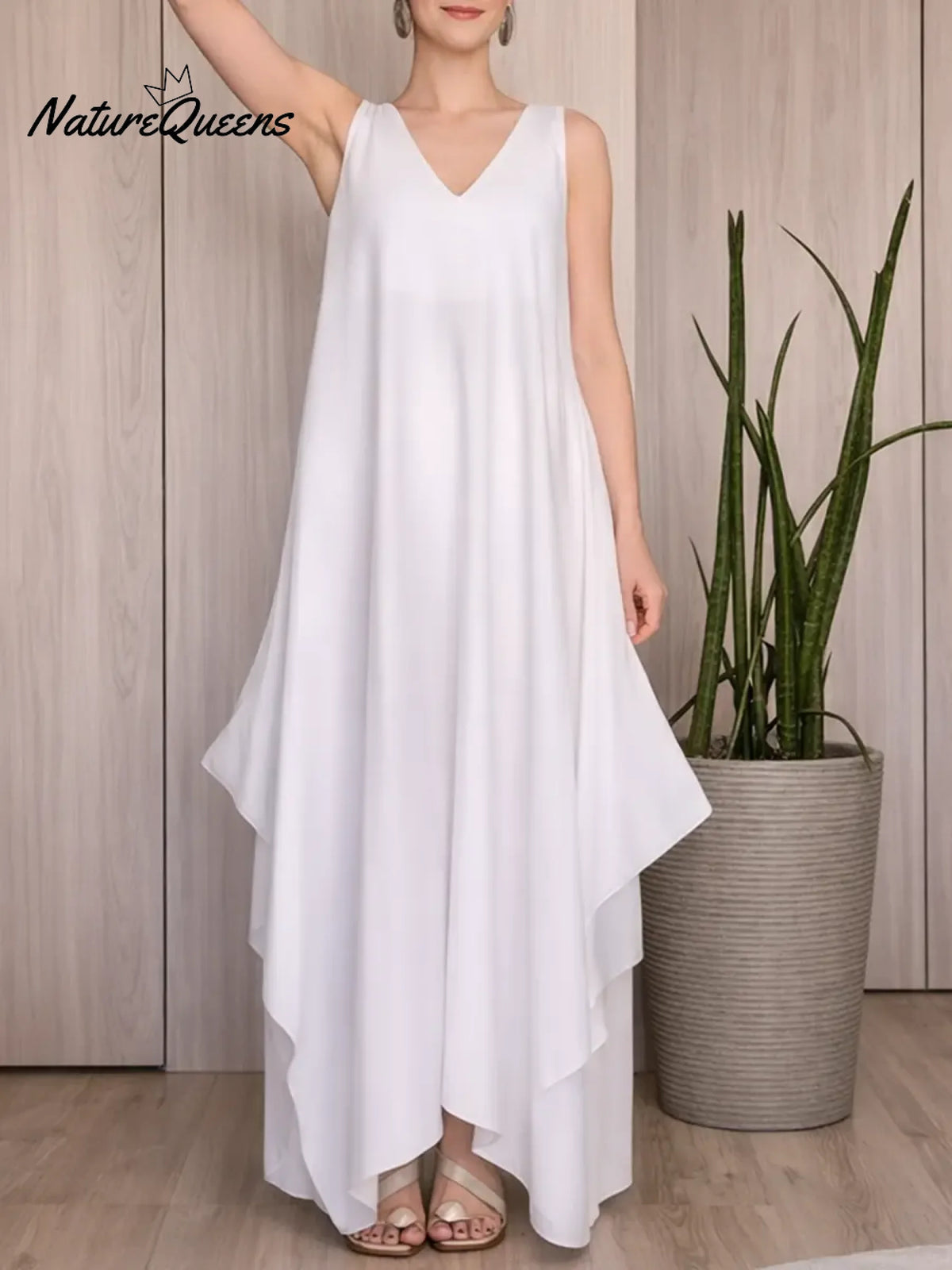 Women's Solid Color V-neck Sleeveless Loose Casual Cotton And Linen Dress