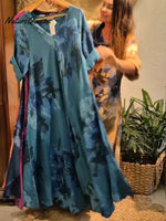 Women's Vintage Abstract Print V-neck Long-sleeved Casual Loose Cotton Dress