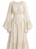 Women's Crew Neck Ruffled Flare-sleeve Midi Dress – Chiffon Dress With Waist Tie And Ruffle Details