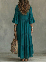 Women's Three-quarter Sleeves Ruffled Cutout Details Maxi Dress