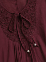 Lace-paneled Cotton-linen Top With Tie Detail — Loose-fit, Three-quarter Sleeve, Cotton-feel Fabric