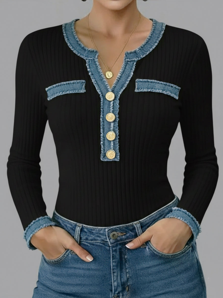 Casual Patchwork Denim Webbing Knit Top