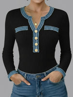 Casual Patchwork Denim Webbing Knit Top